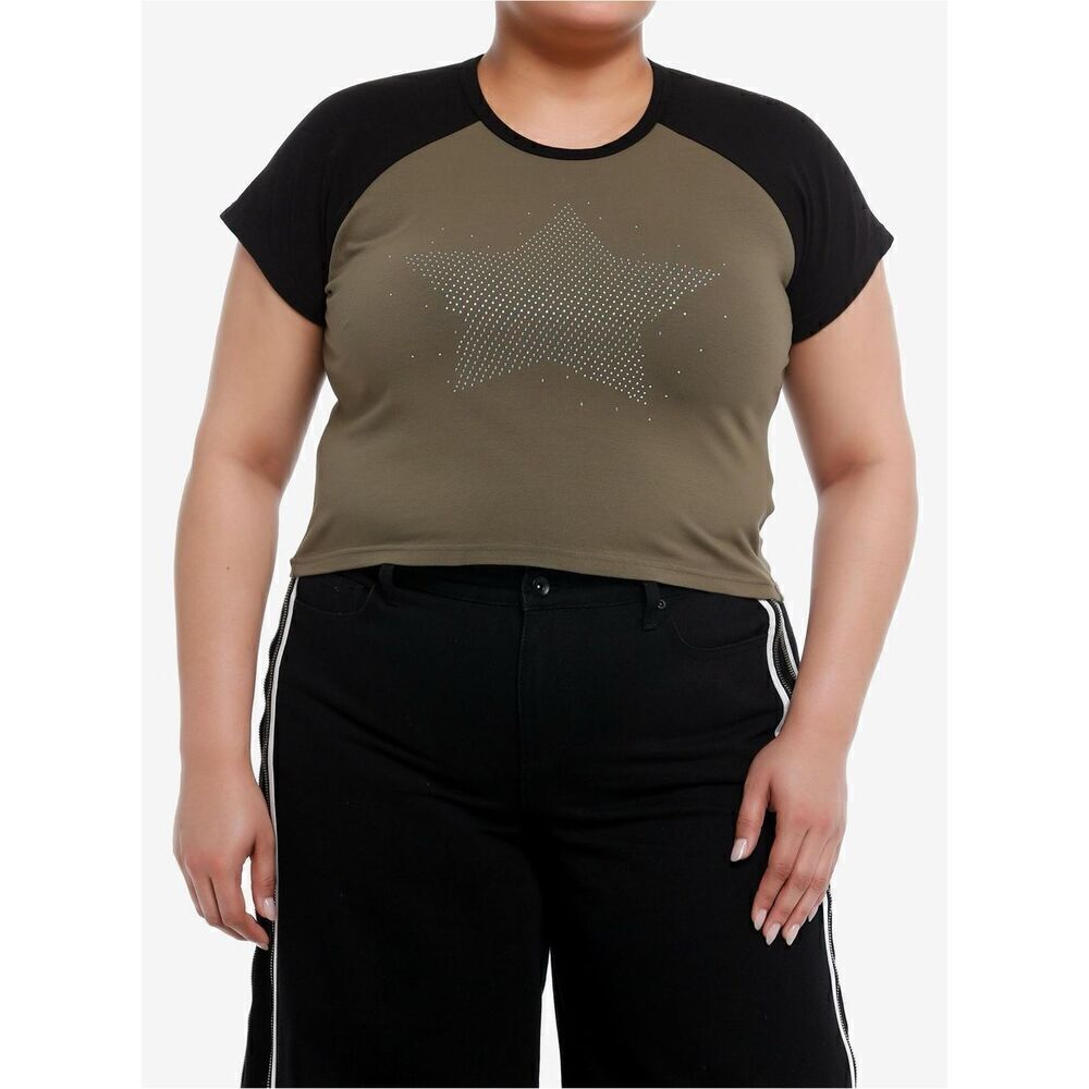 Star Rhinestone Dark Raglan Girls Crop T-Shirt Plus Size 2
